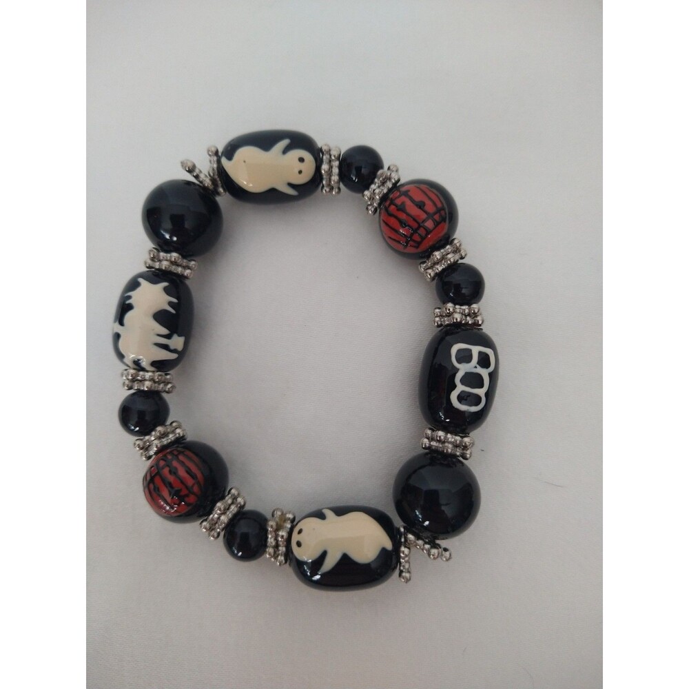 Halloween Black Lampwork Glass Beaded Stretch Bracelet Pumpkin Witch Ghost Boo